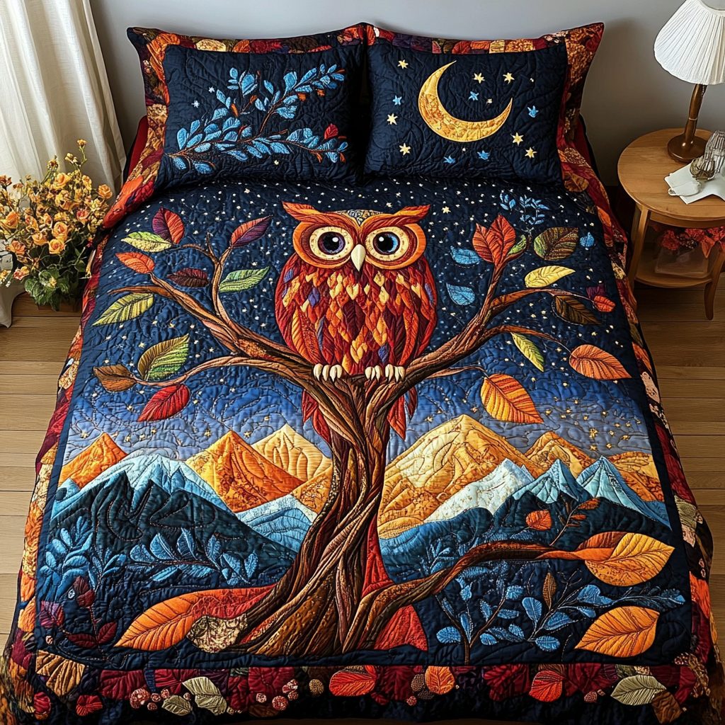 Owl Journey quilted 3-piece bedding set on a made bed with two matching pillow shams