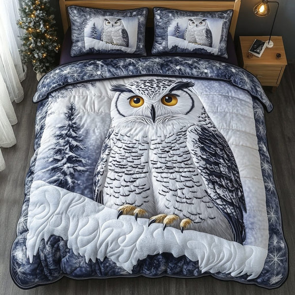 Owl Mystique quilted 3-piece bedding set on a made bed with two matching pillow shams