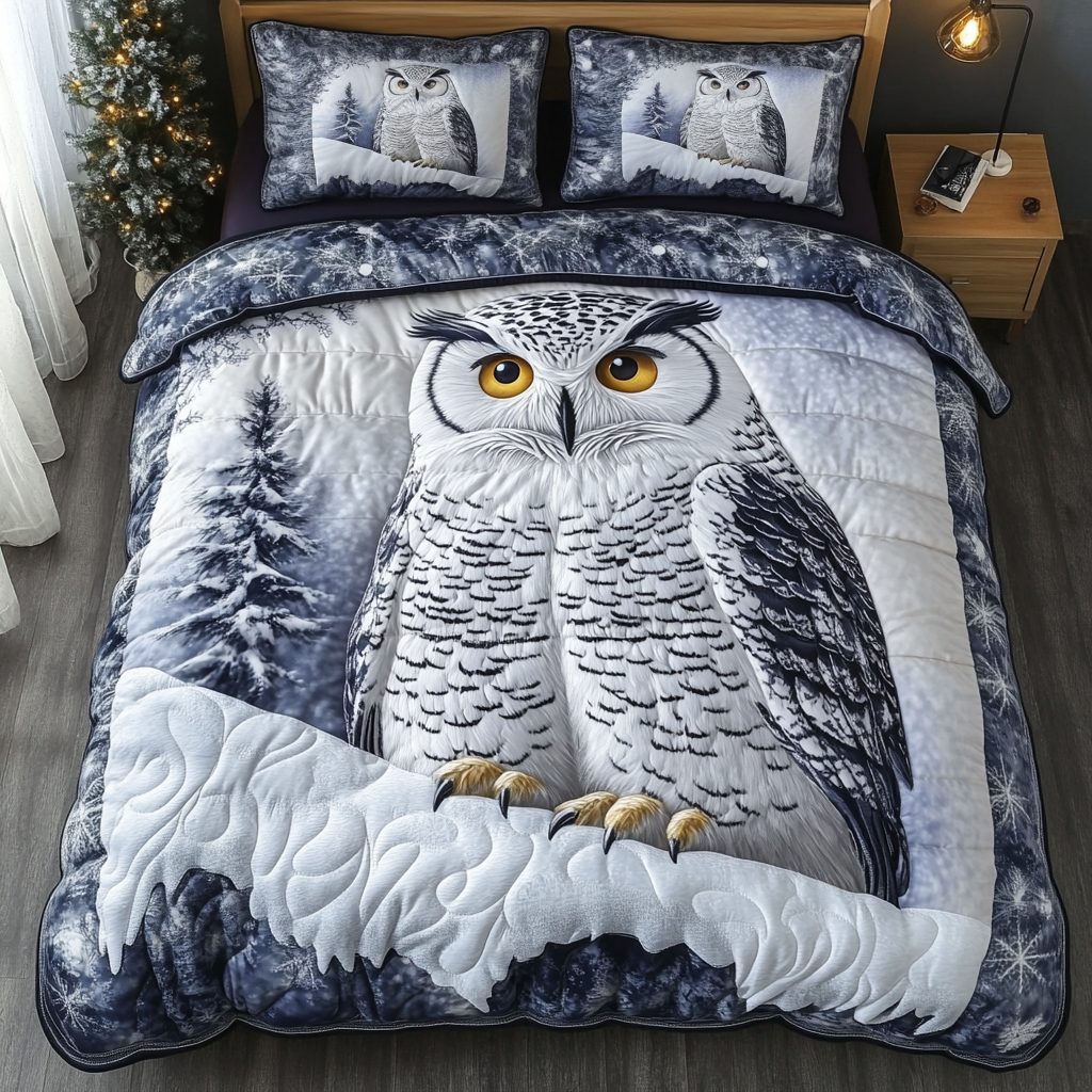 Owl Mystique quilted 3-piece bedding set on a made bed with two matching pillow shams