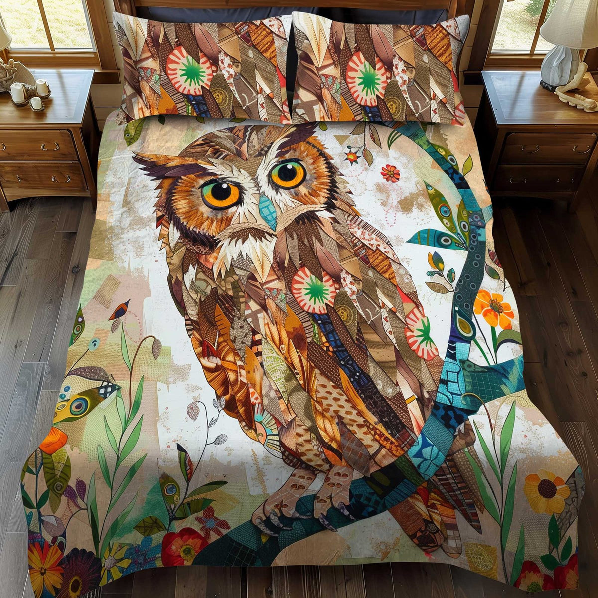 Owl Patchwork Floral quilted 3-piece bedding set on a made bed in a farmhouse bedroom