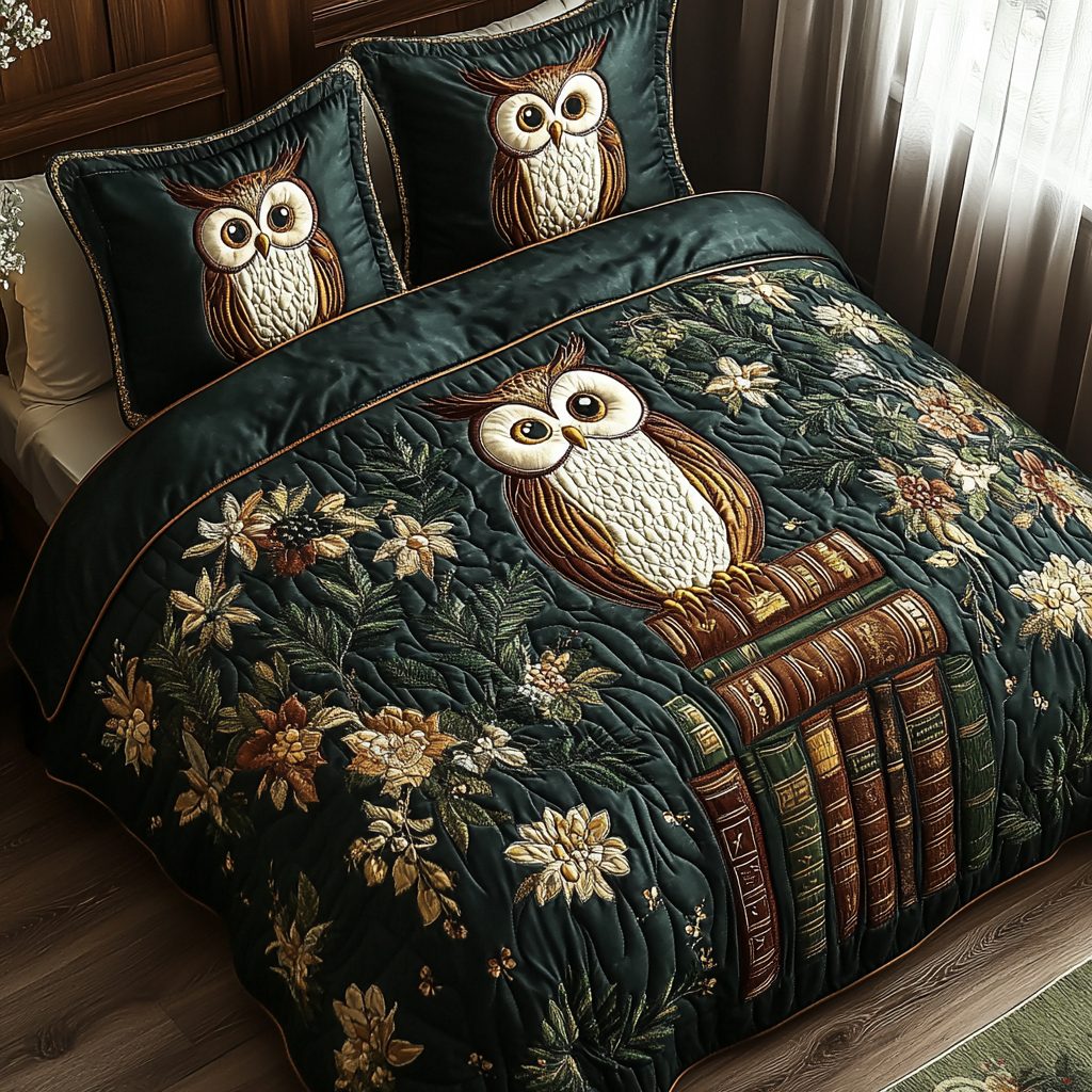 Owl Quill quilted 3-piece bedding set on a made bed with two matching pillow shams