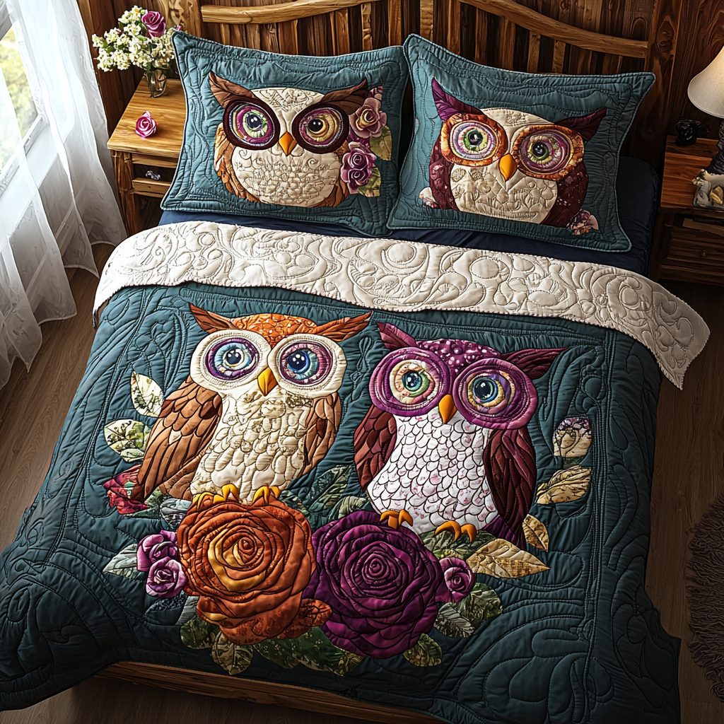 Owl Rose Garden quilted 3-piece bedding set on a made bed with two matching pillow shams