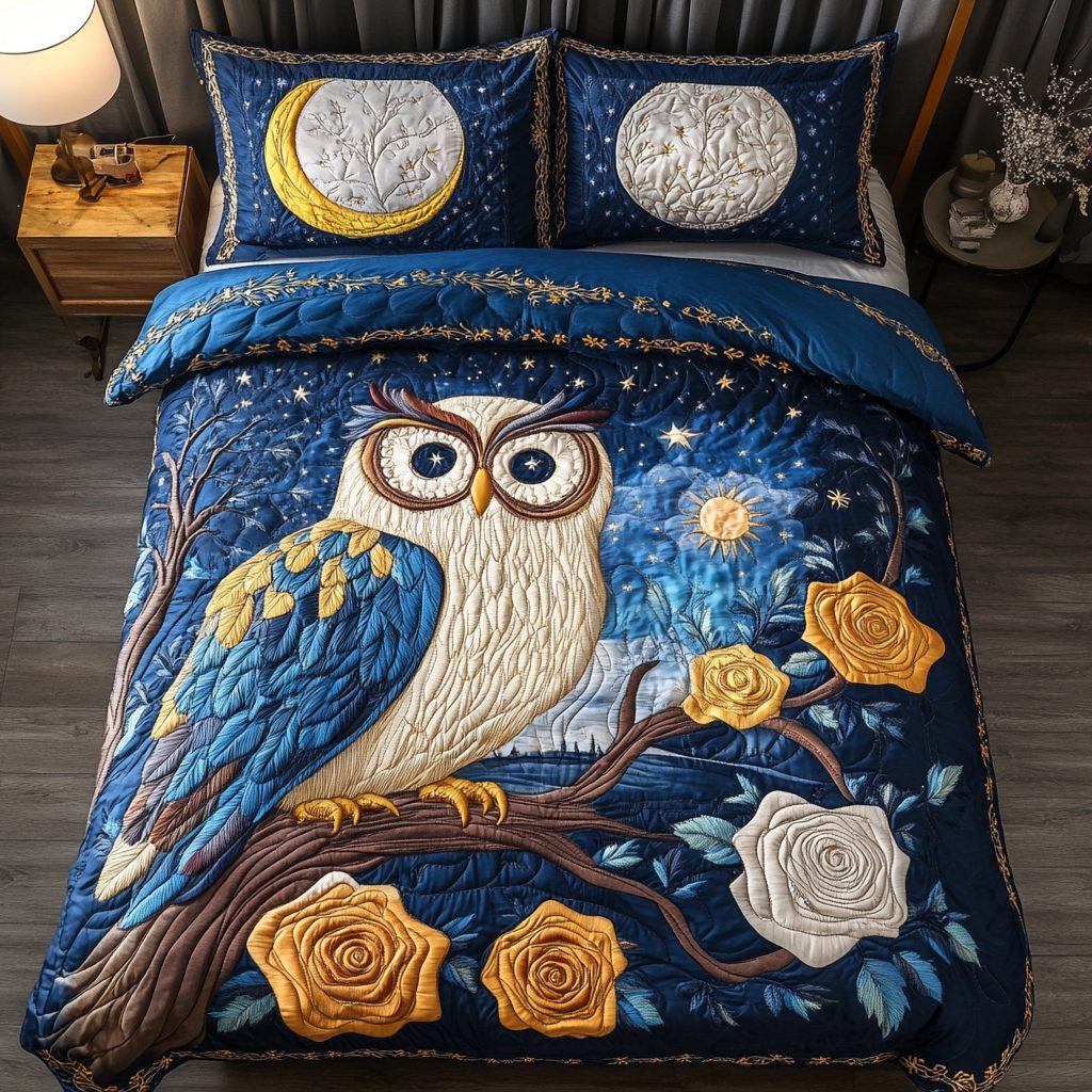 Owl Silence quilted 3-piece bedding set on a made bed with two matching pillow shams