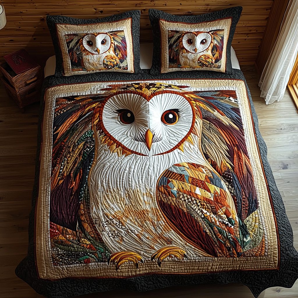 Owl Staring quilted 3-piece bedding set on a made bed with two matching pillow shams