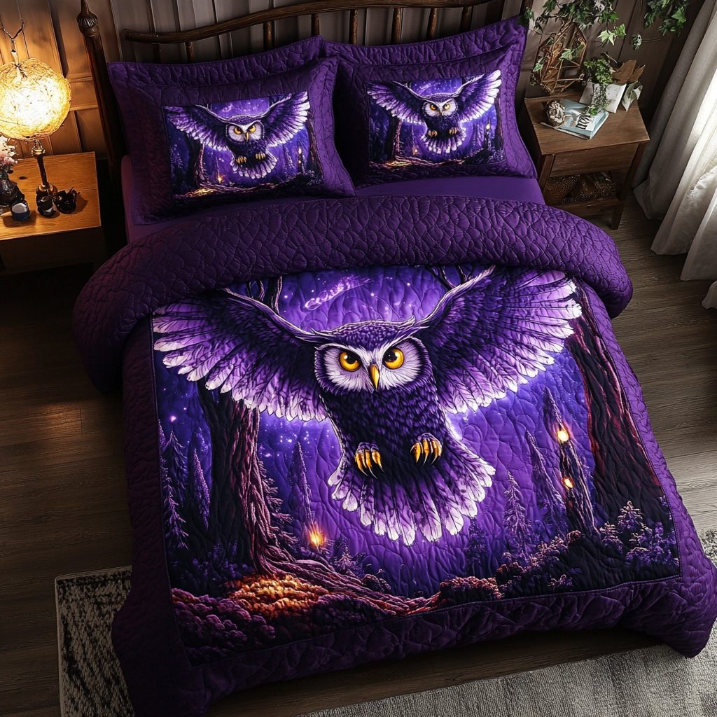 Owl Style quilted 3-piece bedding set on a made bed with two matching pillow shams