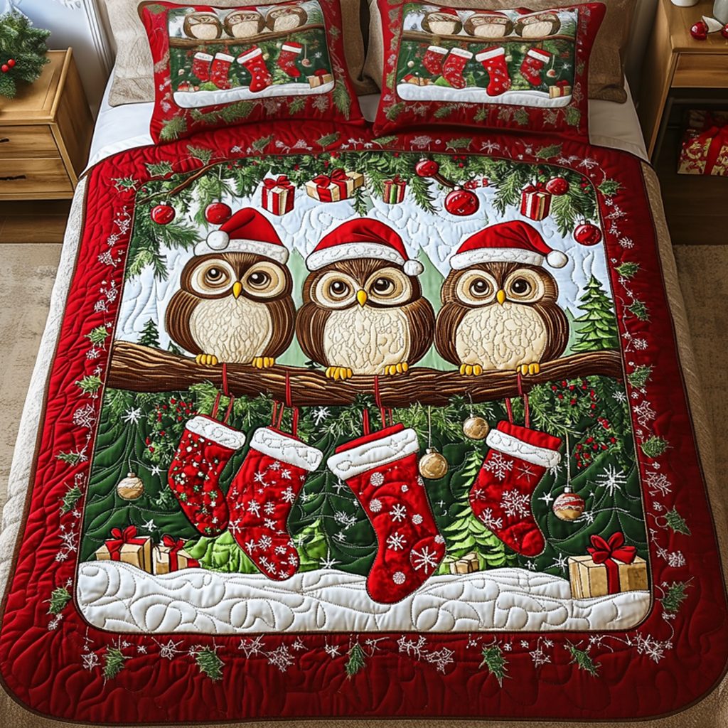 Owl Tidings quilted 3-piece bedding set on a made bed with two matching pillow shams