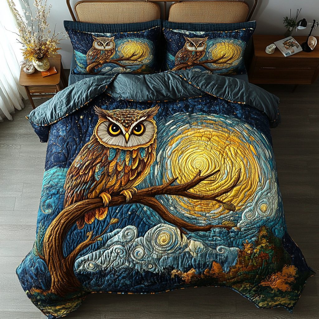 Owl Twilight quilted 3-piece bedding set on a made bed with two matching pillow shams