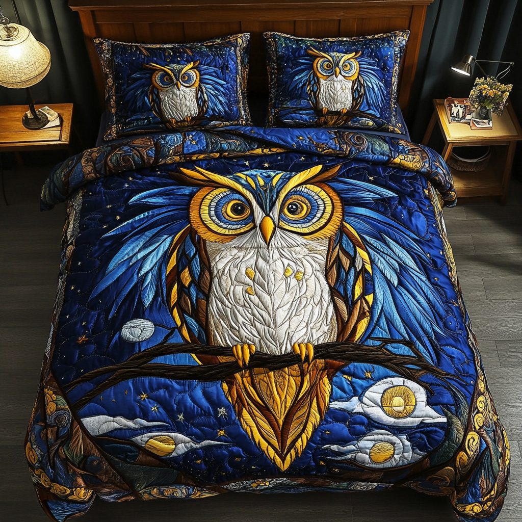 Owl Vision quilted 3-piece bedding set on a made bed with two matching pillow shams