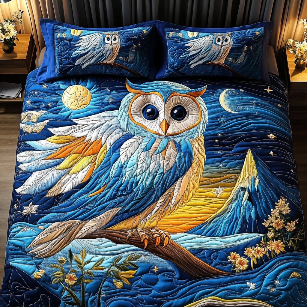 Owl Watch quilted 3-piece bedding set on a made bed with two matching pillow shams