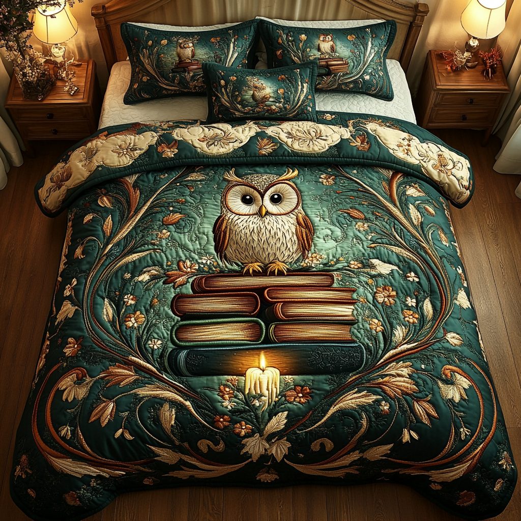 Owl Whisper quilted 3-piece bedding set on a made bed with two matching pillow shams