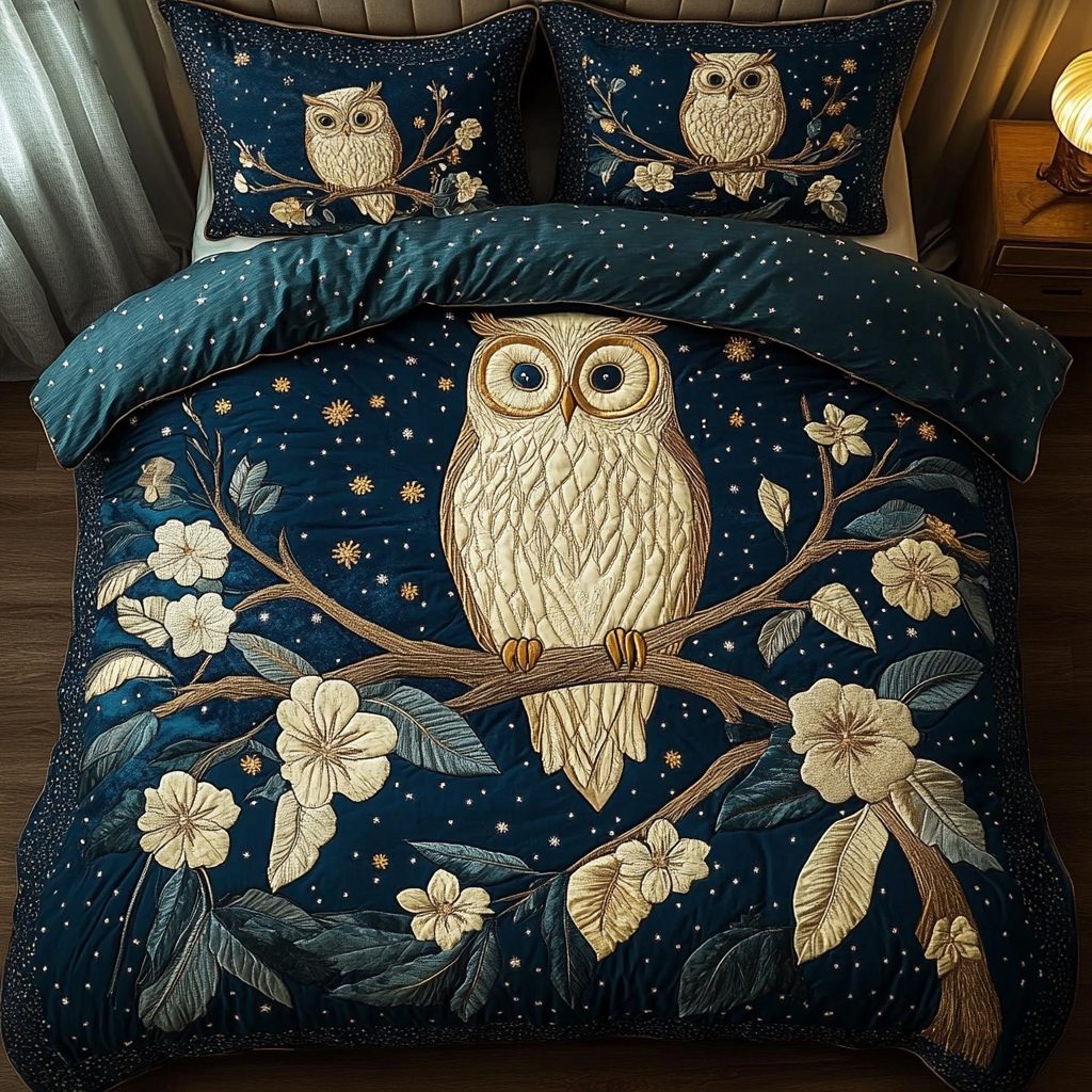 Owl Whisper quilted 3-piece bedding set on a made bed with two matching pillow shams