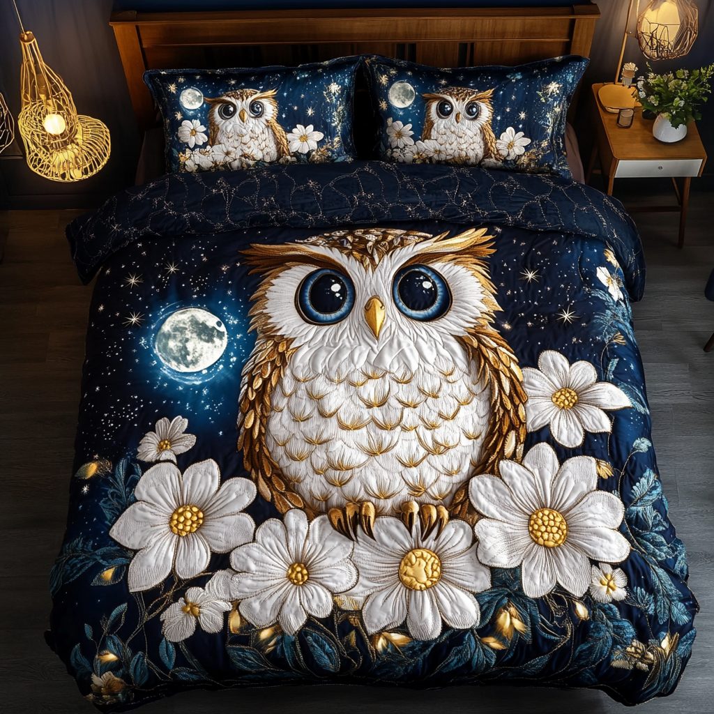 Owl Wisdom quilted 3-piece bedding set on a made bed with two matching pillow shams