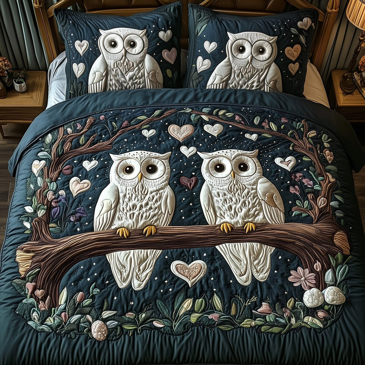Owls quilted 3-piece bedding set on a made bed with two matching pillow shams