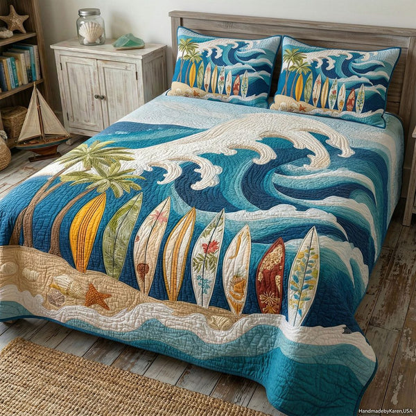 Pacific Blue Surfboard quilted 3-piece bedding set on a made bed with two matching pillow shams