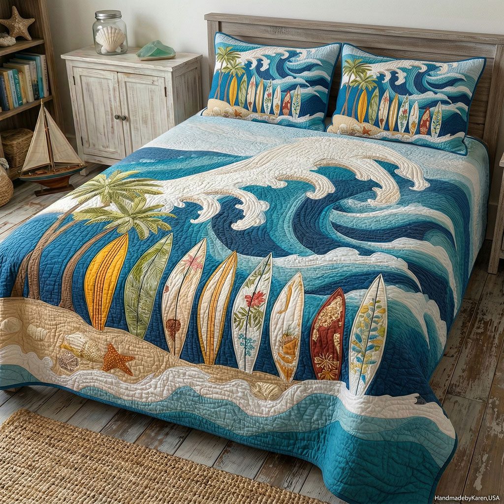 Pacific Blue Surfboard quilted 3-piece bedding set on a made bed with two matching pillow shams