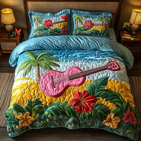 Pacific Harmony quilted 3-piece bedding set on a made bed with two matching pillow shams