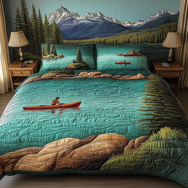 Paddle Through Paradise quilted 3-piece bedding set on a made bed with two matching pillow shams