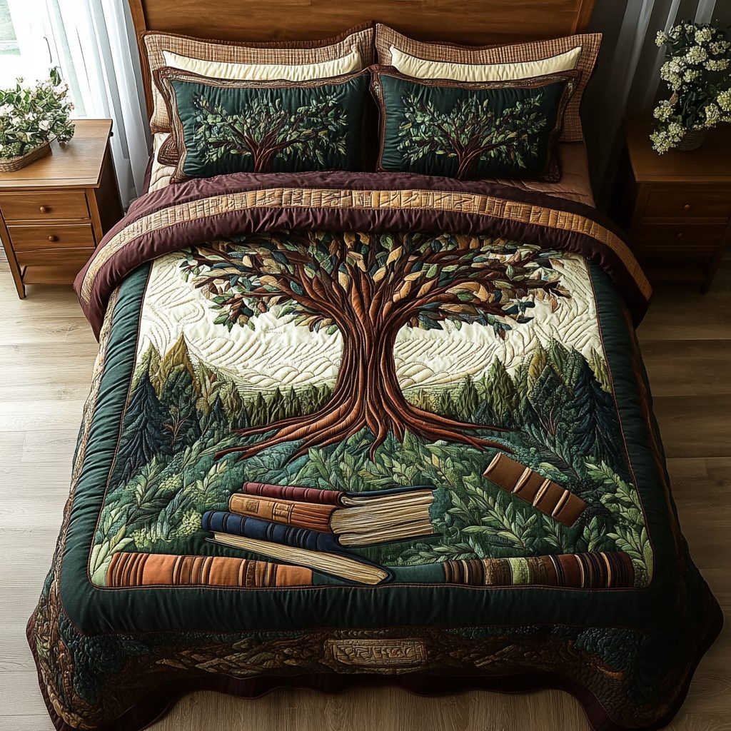 Page Forest quilted 3-piece bedding set on a made bed with two matching pillow shams