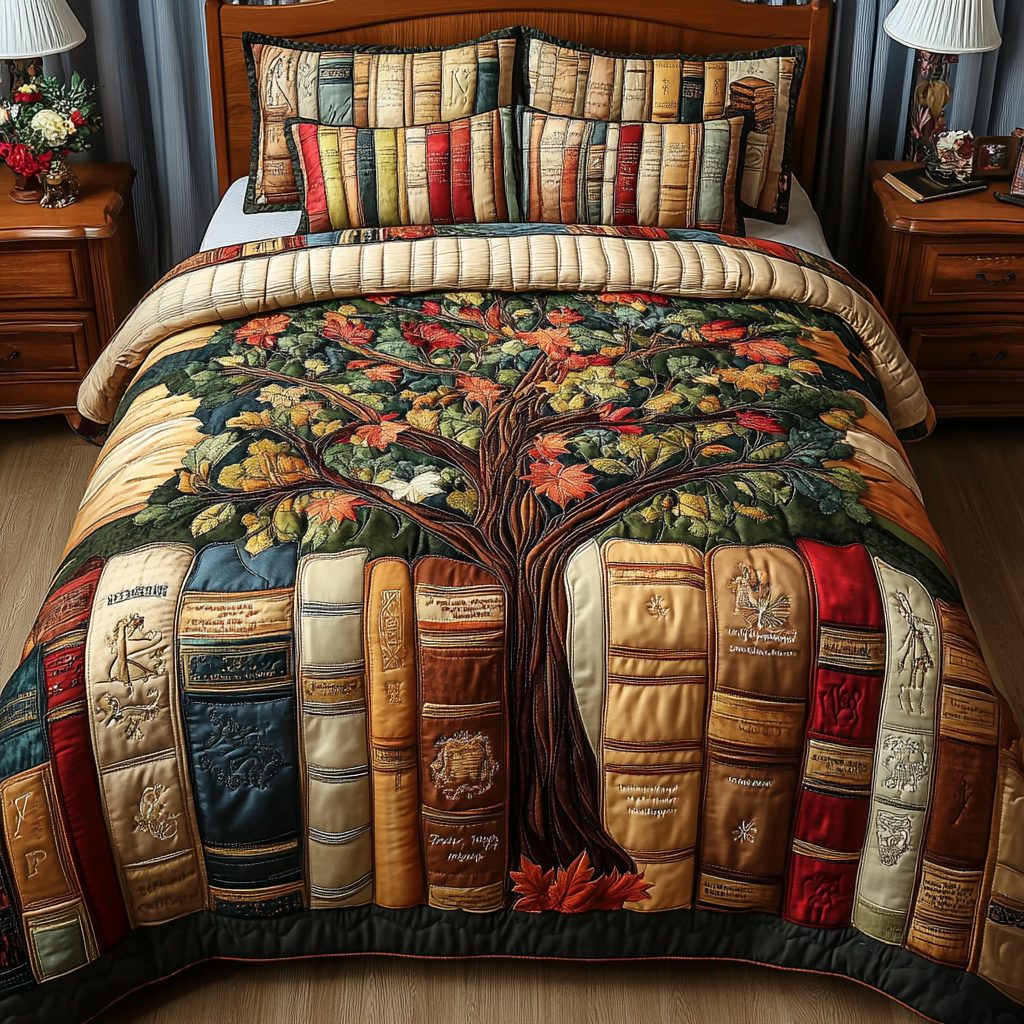 Page Peace quilted 3-piece bedding set on a made bed with two matching pillow shams