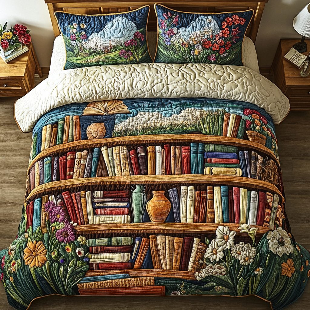 Page Perch quilted 3-piece bedding set on a made bed with two matching pillow shams