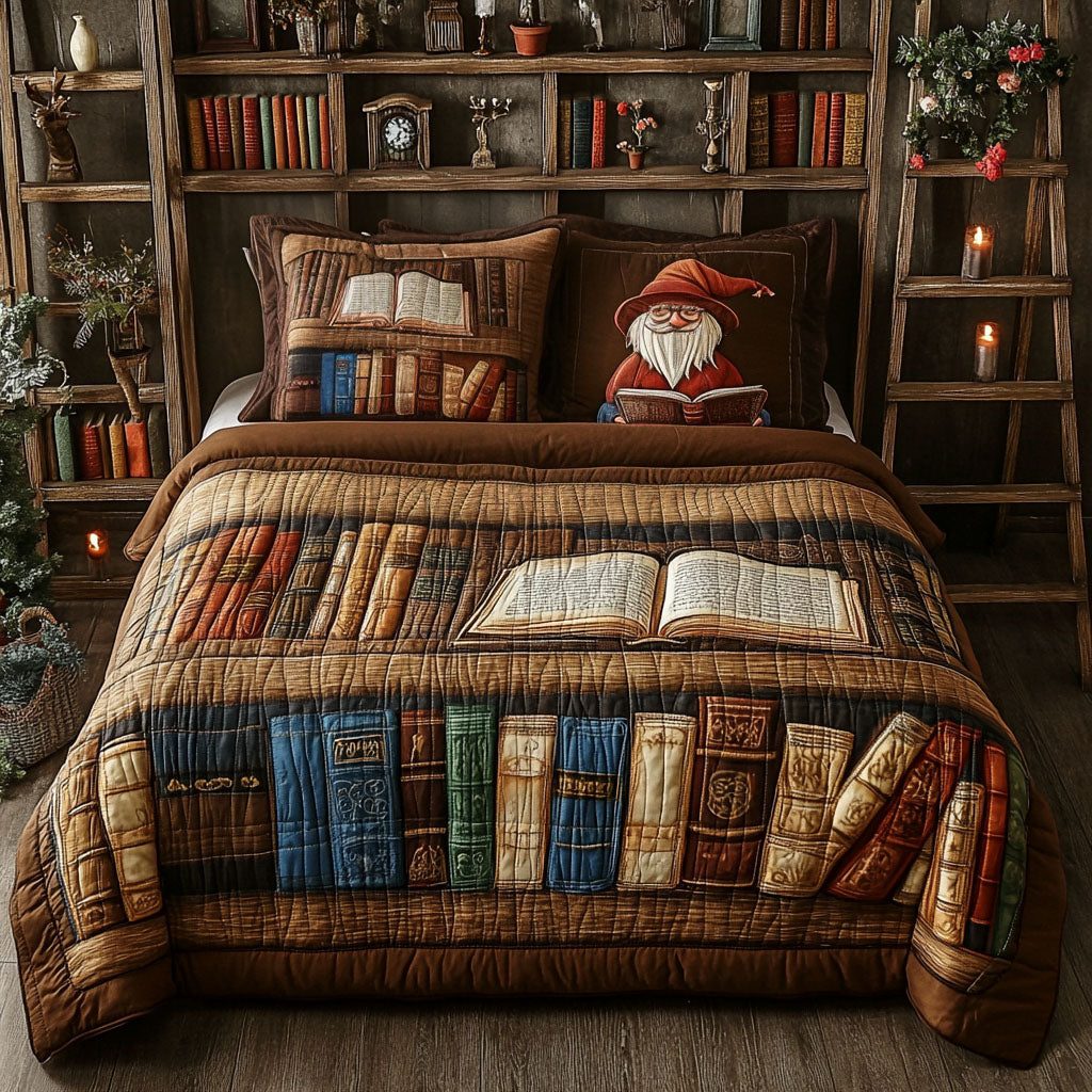 Pages and Potions quilted 3-piece bedding set on a made bed against a dark styled interior