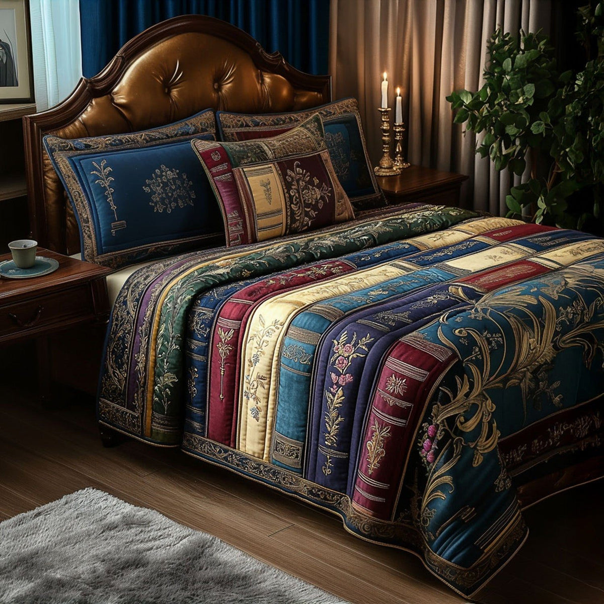 Pages of the Past quilted 3-piece bedding set on a made bed with two matching pillow shams