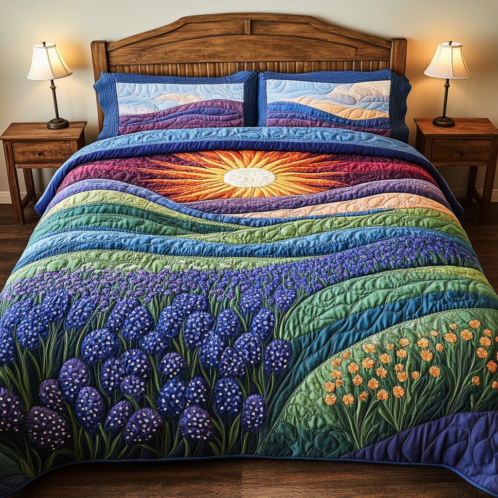 Painted Garden quilted 3-piece bedding set on a made bed with two matching pillow shams
