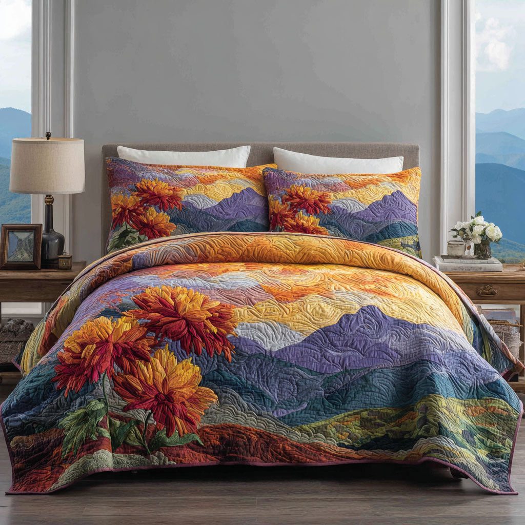 Painted Meadows quilted 3-piece bedding set on a made bed with two matching pillow shams