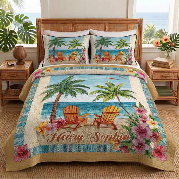 Palm Escape Personalized Custom quilted 3-piece bedding set on a made bed in a light coastal bedroom