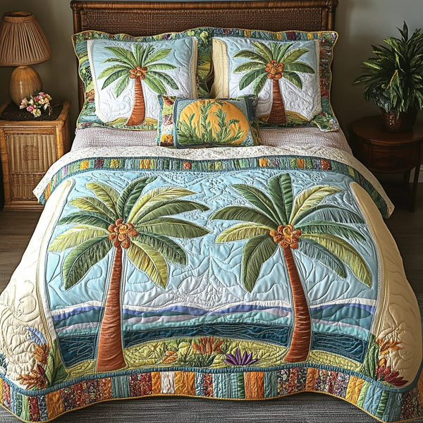 Palm Haven quilted 3-piece bedding set on a made bed in a light coastal bedroom