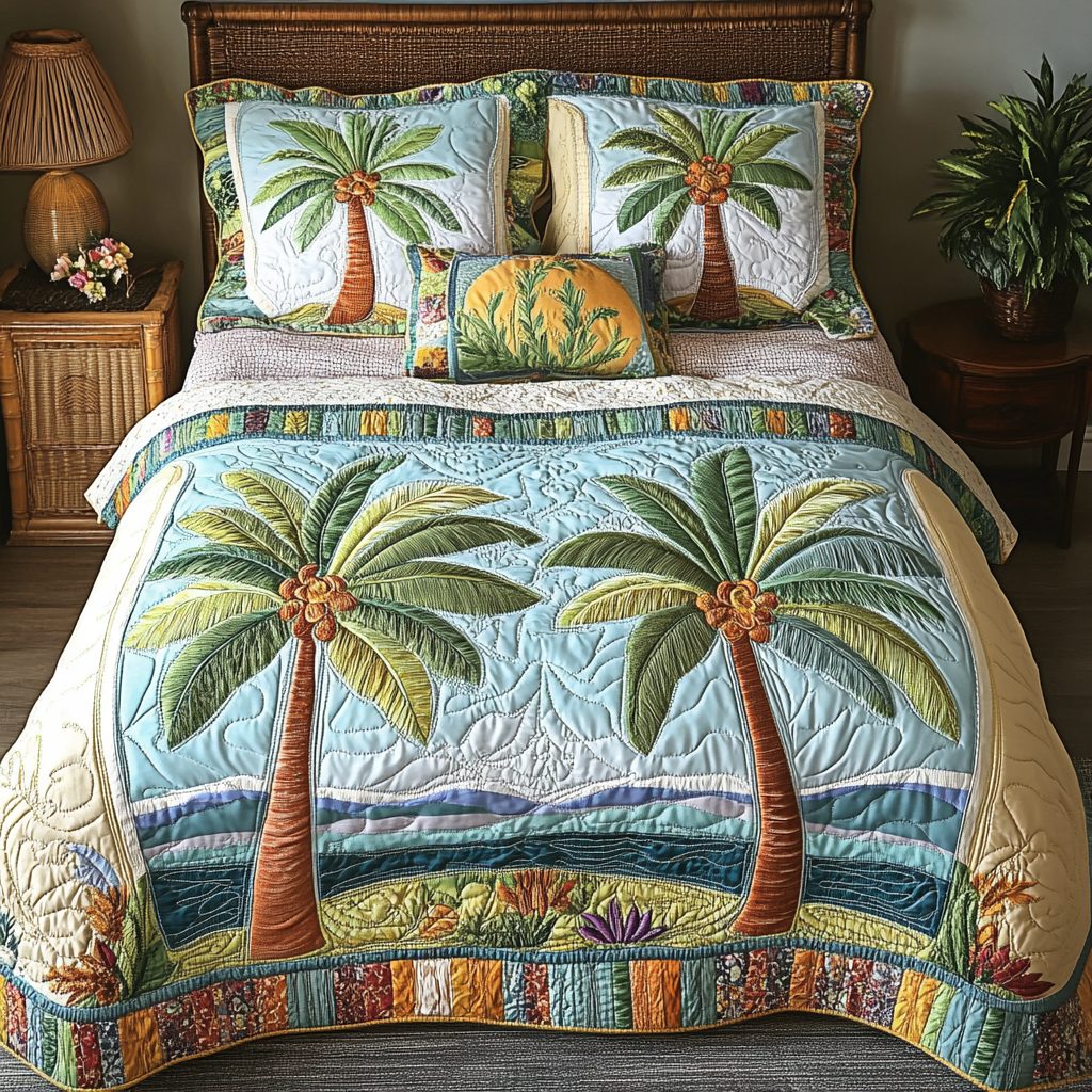 Palm Haven quilted 3-piece bedding set on a made bed in a light coastal bedroom