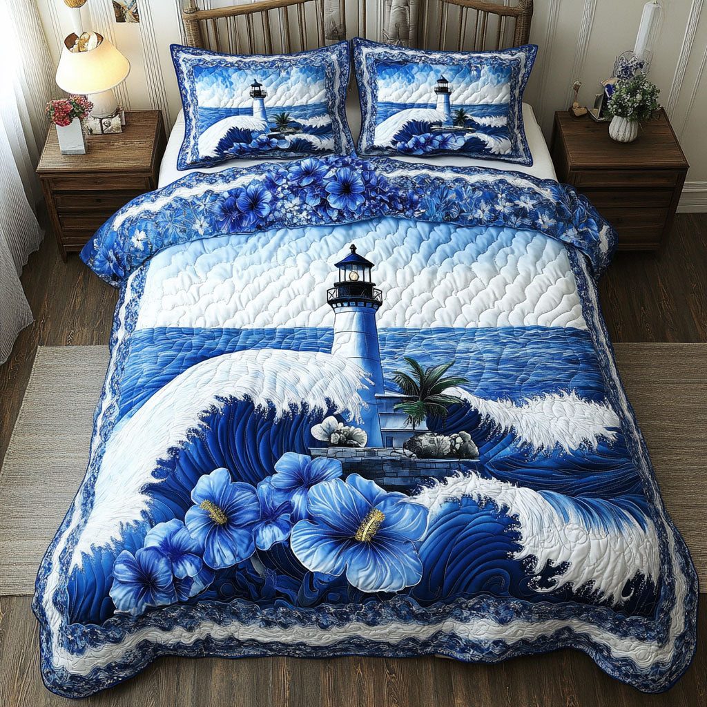 Palm Light quilted 3-piece bedding set on a made bed in a light coastal bedroom