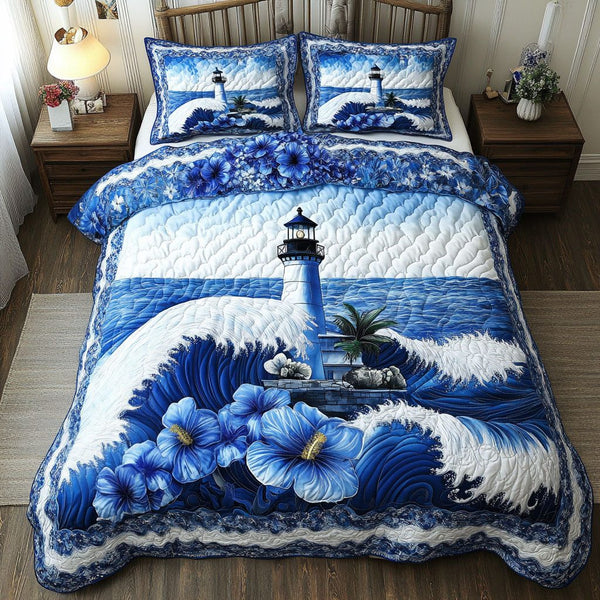 Palm Light quilted 3-piece bedding set on a made bed in a light coastal bedroom