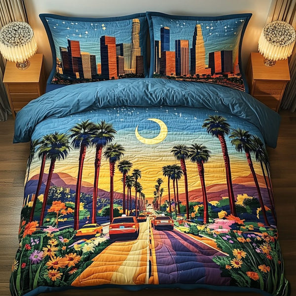 Palm Los Angeles quilted 3-piece bedding set on a made bed in a softly lit bedroom