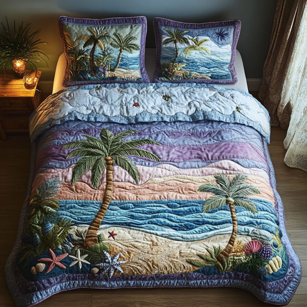 Palm Night quilted 3-piece bedding set on a made bed in a light coastal bedroom