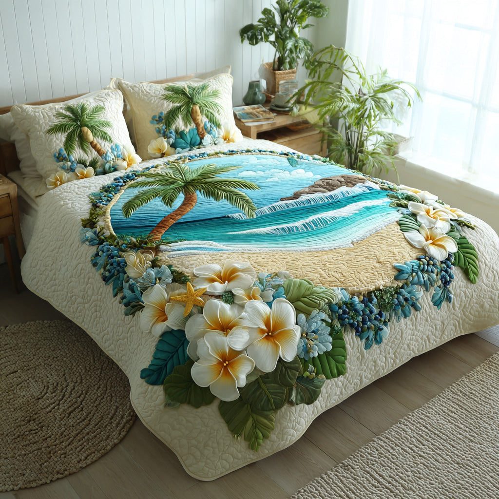 Palm Oasis quilted 3-piece bedding set on a made bed in a light coastal bedroom