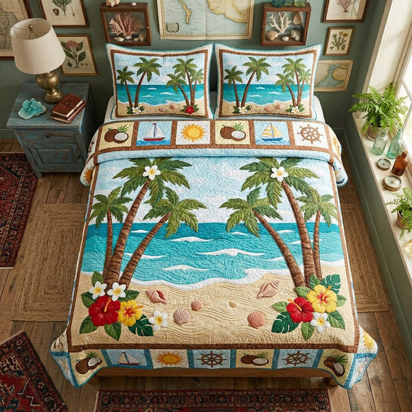 Palm Paradise Cove quilted 3-piece bedding set on a made bed in a light coastal bedroom
