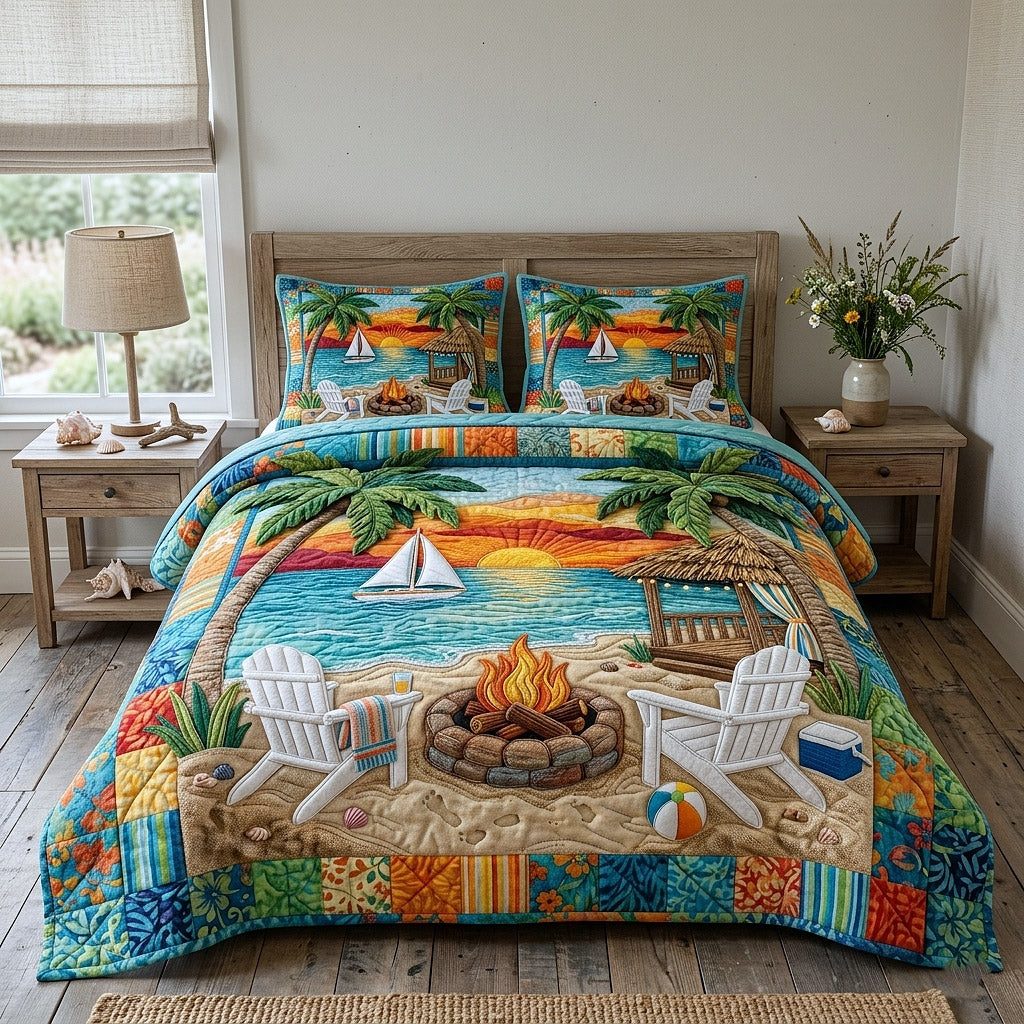 Palm Paradise quilted 3-piece bedding set on a made bed in a light coastal bedroom