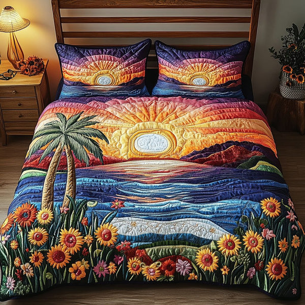 Palm Paradise quilted 3-piece bedding set on a made bed in a light coastal bedroom