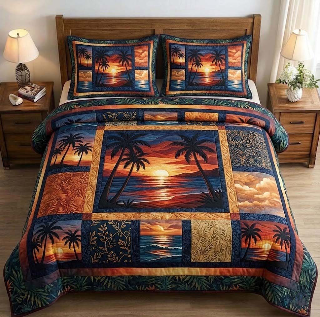 Palm Whisper quilted 3-piece bedding set on a made bed in a light coastal bedroom