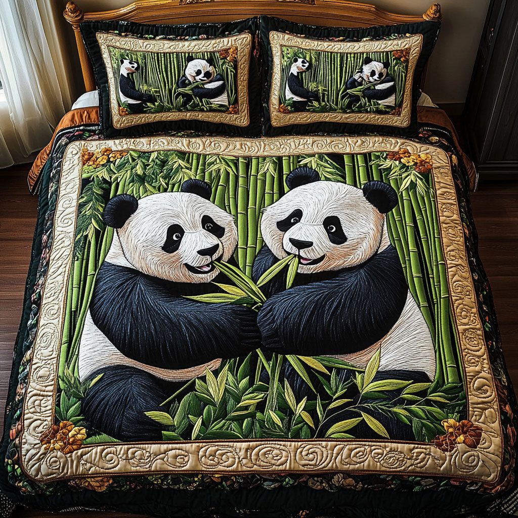Panda Duo Bliss quilted 3-piece bedding set on a made bed with two matching pillow shams