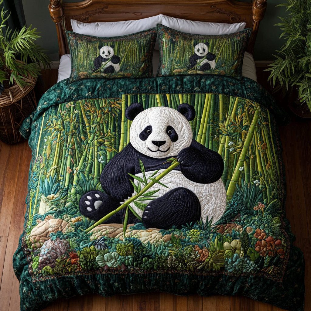 Panda Garden Peace quilted 3-piece bedding set on a made bed with two matching pillow shams