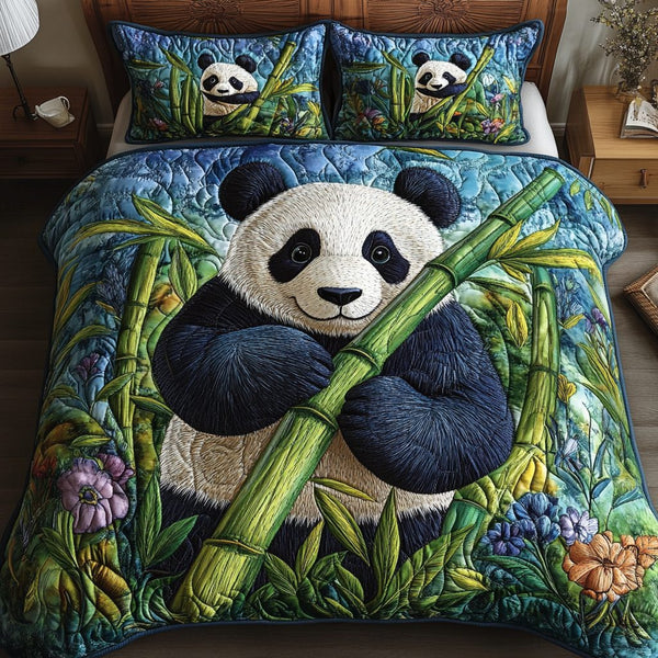 Panda Paradise quilted 3-piece bedding set on a made bed with two matching pillow shams