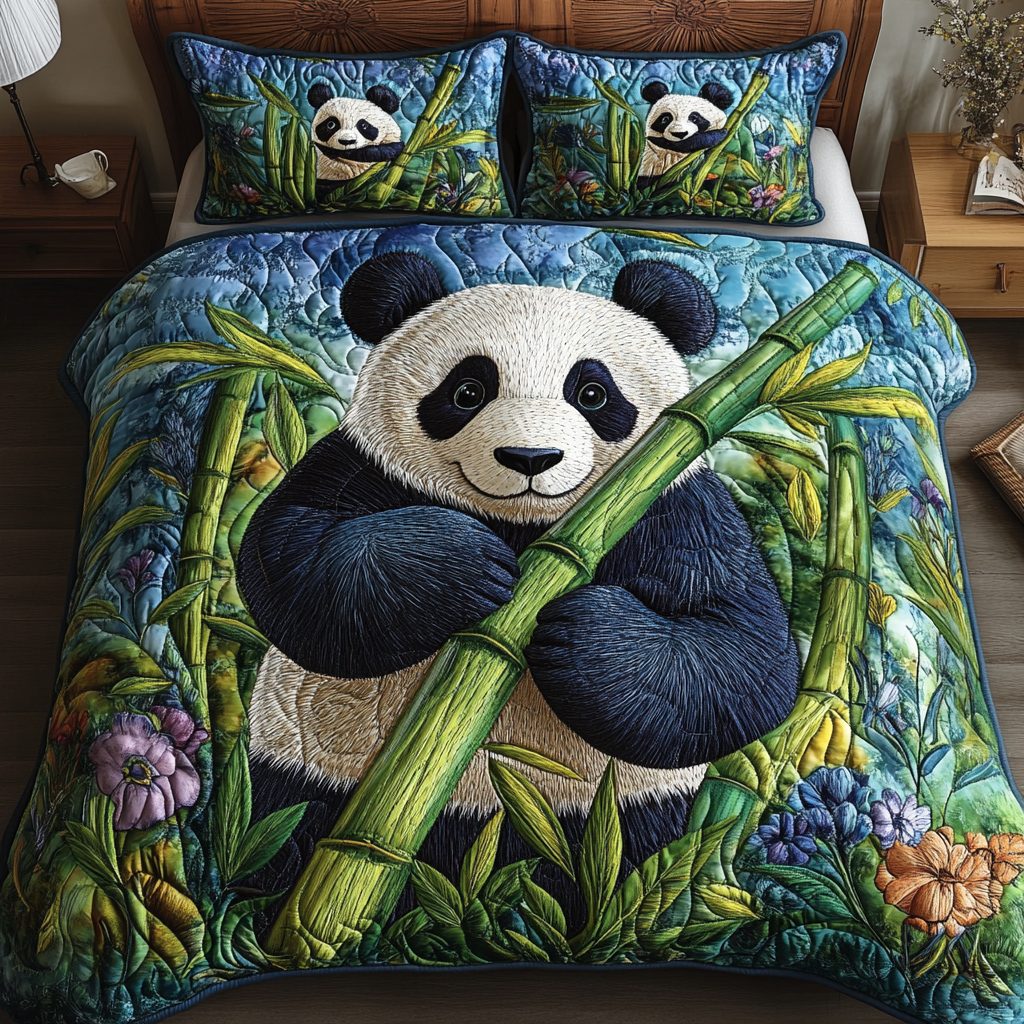 Panda Paradise quilted 3-piece bedding set on a made bed with two matching pillow shams