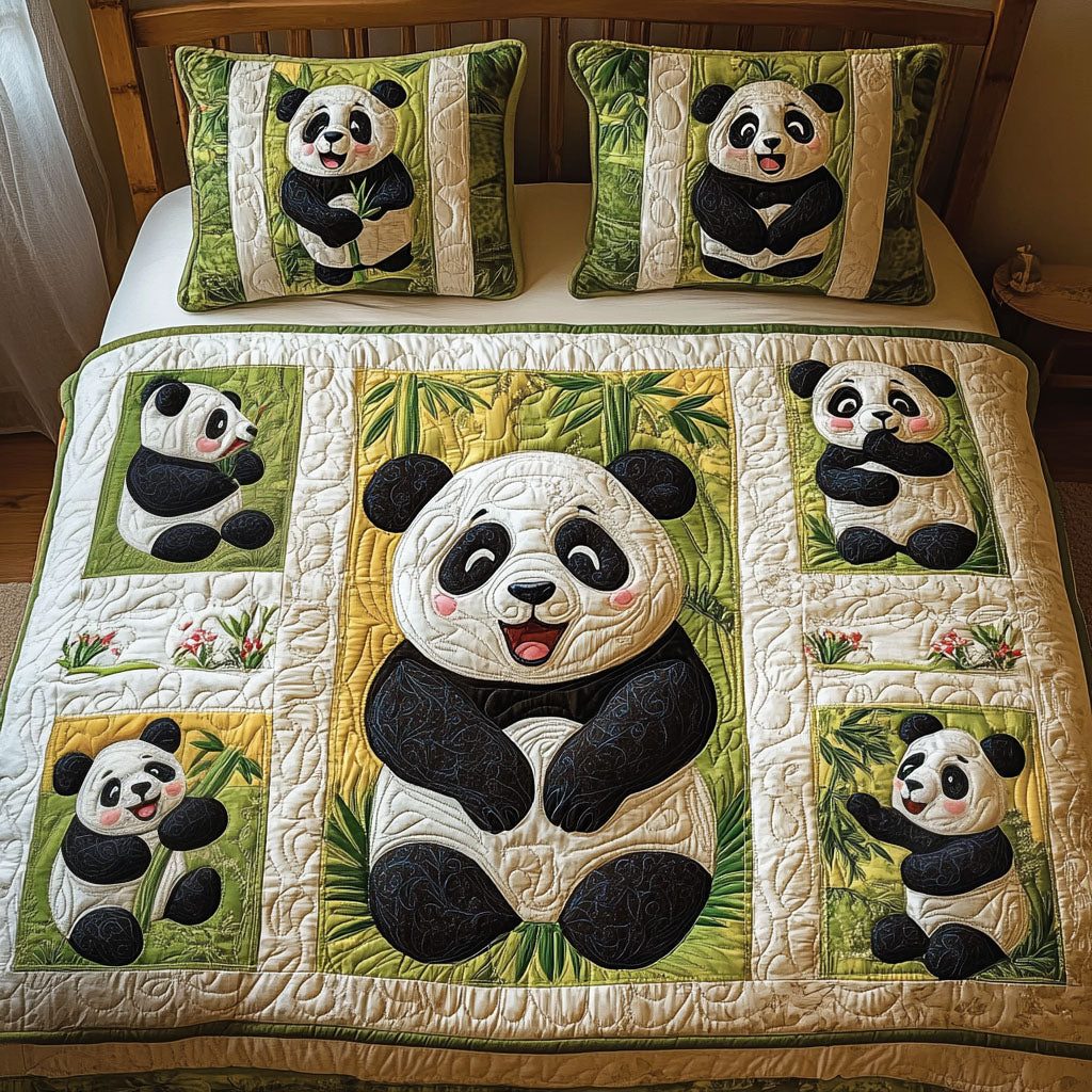 Panda Patchwork Dreams quilted 3-piece bedding set on a made bed in a farmhouse bedroom
