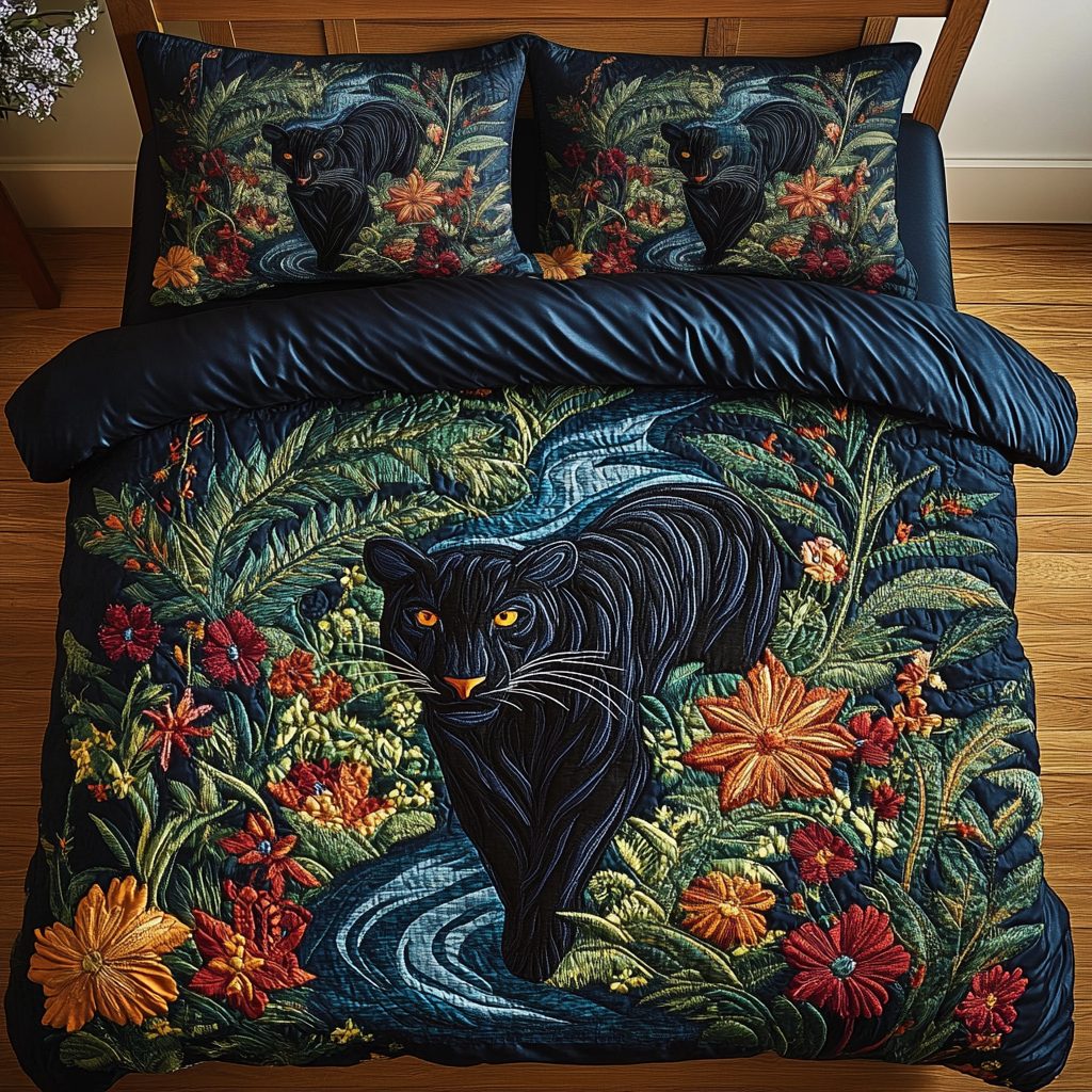 Panther Creek Wilderness quilted 3-piece bedding set on a made bed with two matching pillow shams