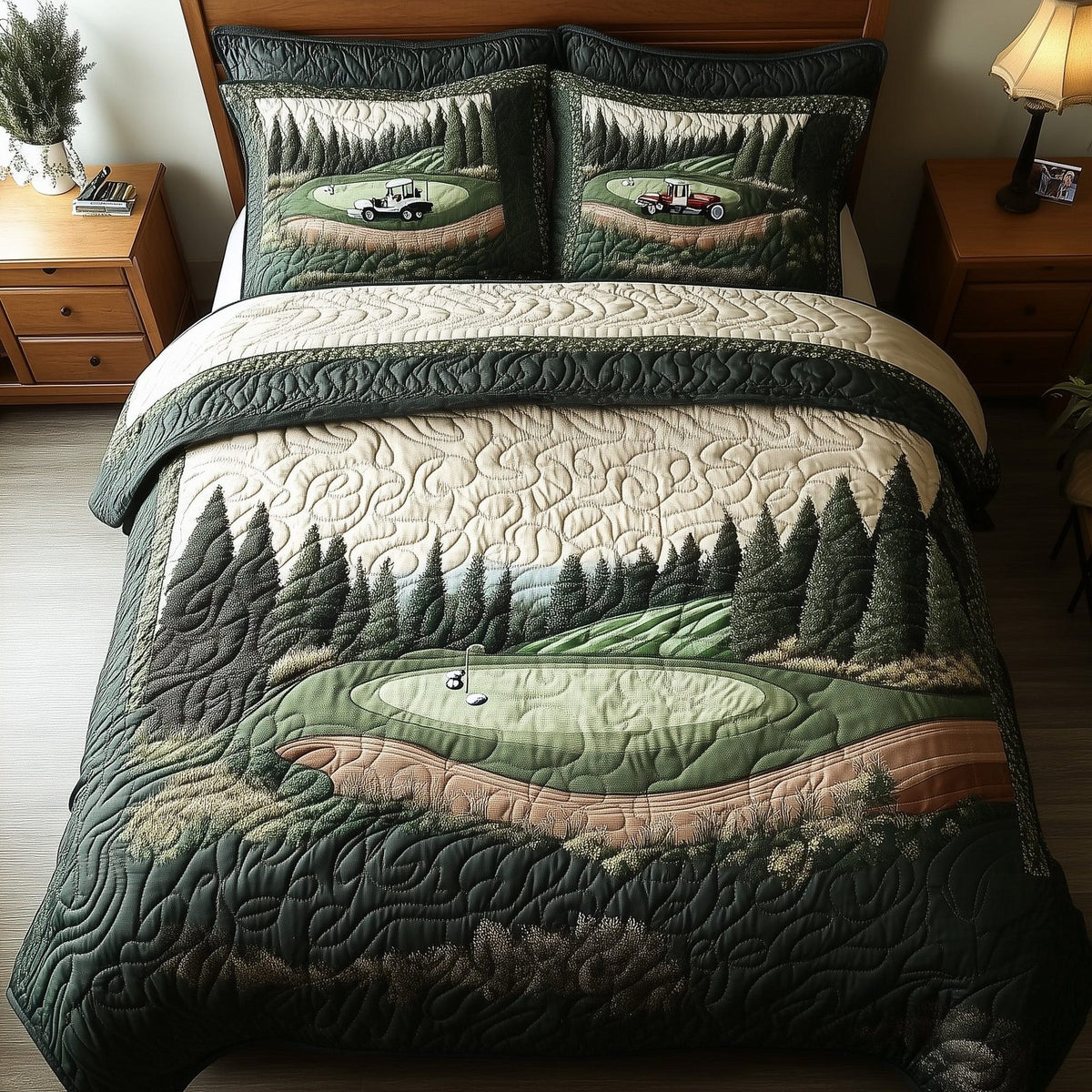 Par for the Night quilted 3-piece bedding set on a made bed with two matching pillow shams