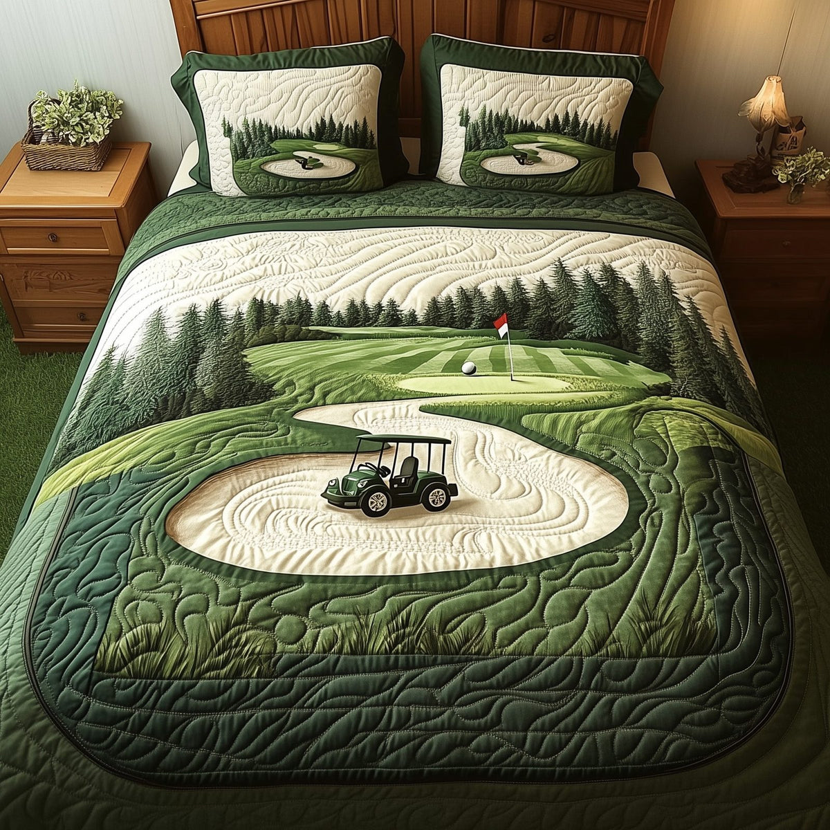 Par for the Night quilted 3-piece bedding set on a made bed with two matching pillow shams