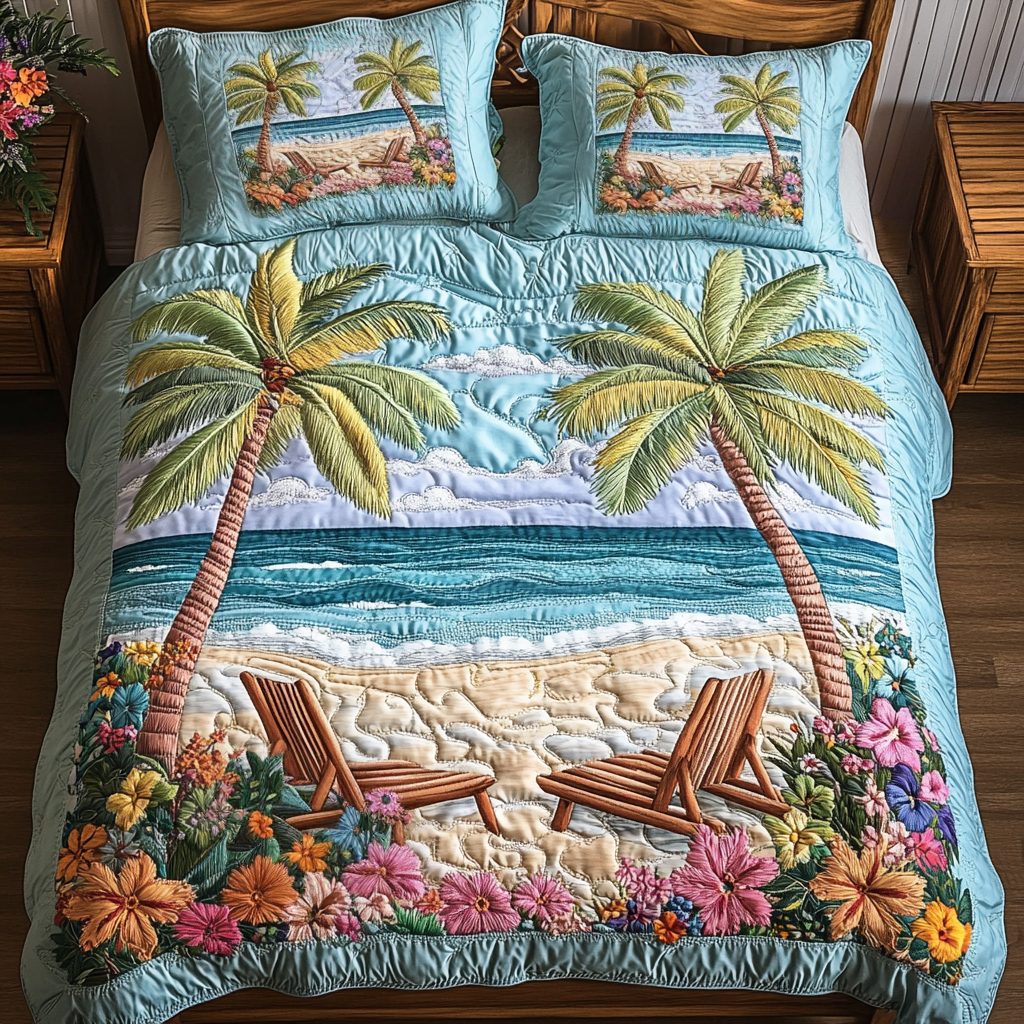 Paradise Found quilted 3-piece bedding set on a made bed with two matching pillow shams