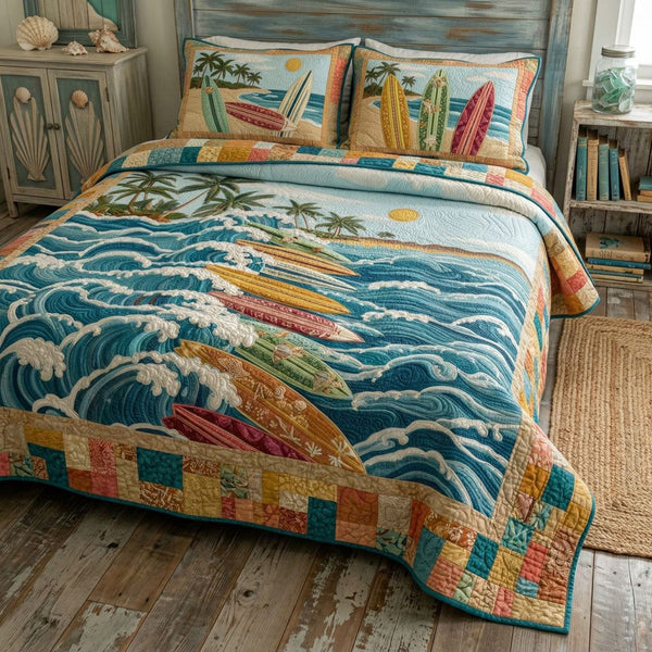 Paradise Porch quilted 3-piece bedding set on a made bed with two matching pillow shams